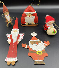 5 Vintage Wooden Santa Christmas Ornaments Hand Made & Painted