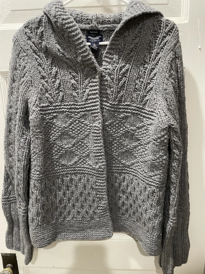 Vintage American Eagle 100% Wool Hand Knit Cardigan, XL - Image 1 of 4