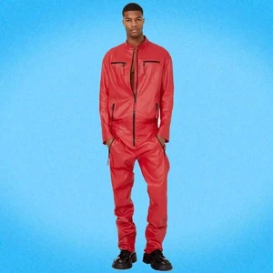 Men's Red Leather Zipper Casual Jumpsuit| Real Sheepskin Leather Bodysuit XL. - Picture 1 of 6
