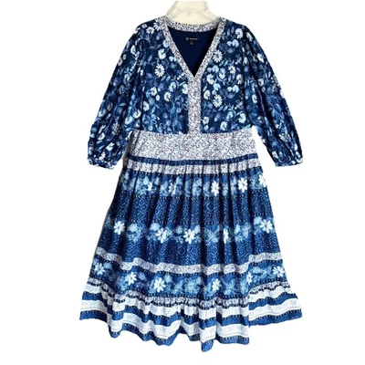 Vestido midi INC talla M en capas azul floral cuello en V cottagecore 100 % algodón modesto Foto 1 de 4