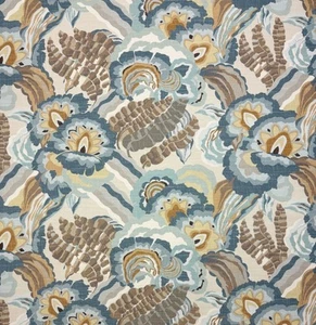 BALLARD DESIGNS BRAY BLUE ABSTRACT FLORAL LEAF MULTIUSE LINEN FABRIC 2 YARD 54"W - Picture 1 of 6