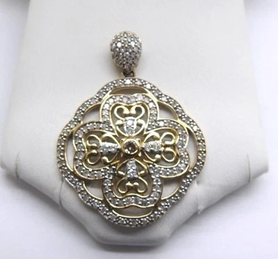 10K Yellow & White two tone Gold Clover Diamond Pendant 1 1/2" Inches 1/2 CT. - Image 1 of 4
