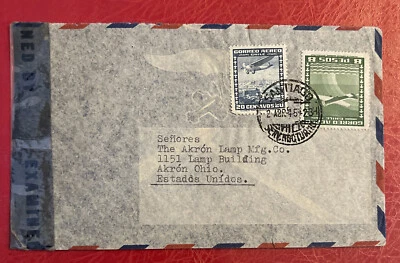 Fita censuradora selos 20c 8p capa correio aéreo Santiago do Chile para Akron OH Segunda Guerra Mundial - Imagem 1 de 3