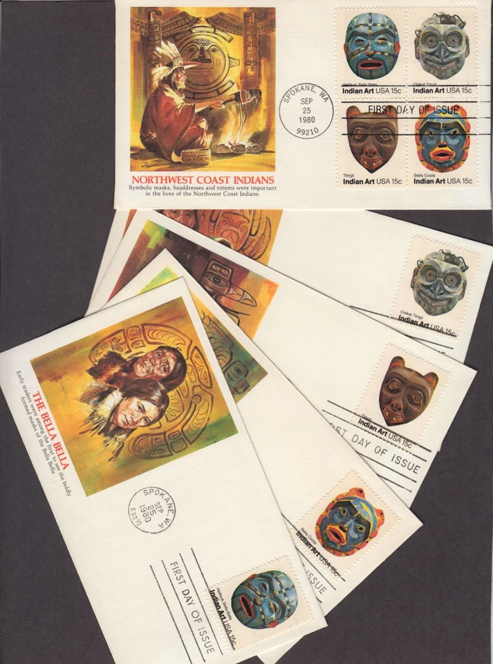 1980 INDIAN MASKS Sc 1834 to 1837 1837a native american FDCs Fleetwood set of 5 - Image 1 of 3