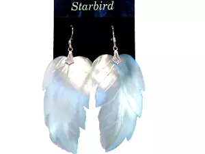BLUE MOTHER OF PEARL PEARLESCENT SEASHELL DANGLE LEAF EARRINGS 80's VINTAGE - Picture 1 of 3