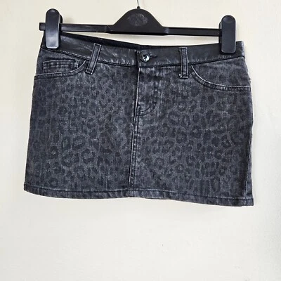 Divided Stylish Black Leopard Print Denim Leather Waistband  Mini Skirt Size 8 - Image 1 of 4
