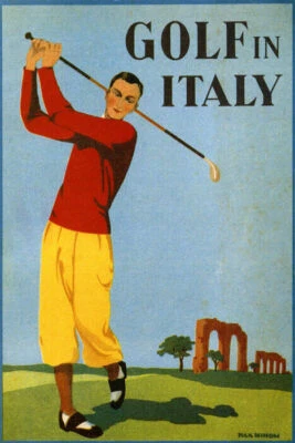 GOLF IN ITALY MAN PLAYING ARCH RUINS SPORT TRAVEL TOURISM VINTAGE POSTER REPRO - Image 1 of 3