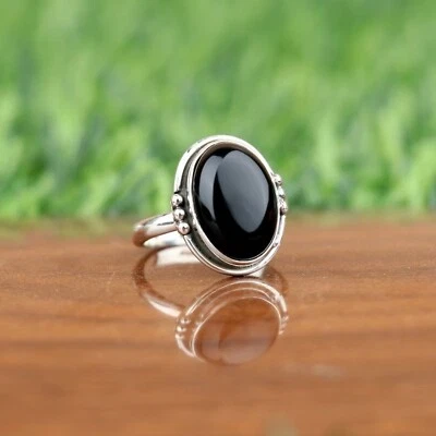 925 Argento Sterling Naturale Onice Ovale Cocktail Donna Anello Vistoso Gioielli - Immagine 1 di 4