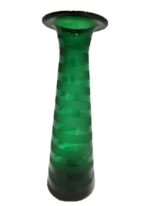 Emerald Green Circular Striped Tall Bud Art Glass Mushroom Top Vase  - Picture 1 of 3