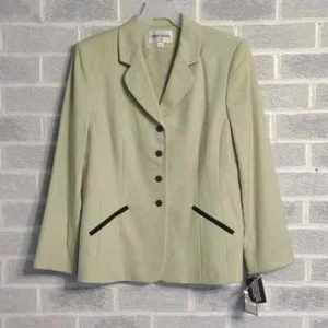 Albert Nipon Women's 100% Wool Lime DK Charcoal Button Down Blazer Size 14 - Picture 1 of 12