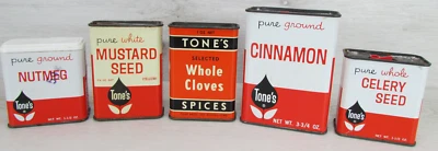 Vintage Tones Spice Tin Cloves Cinnamon Mustard  Tone Bros Des Moines Lot Of 5 - Image 1 of 4