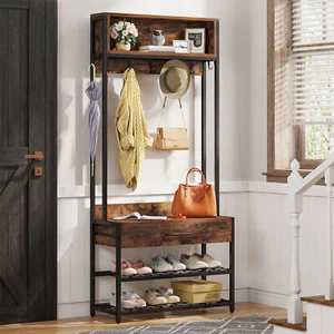 Rustic Entryway Coat Rack Shoe Bench Hall Tree with Drawer and Storage Shelves - Picture 1 of 12