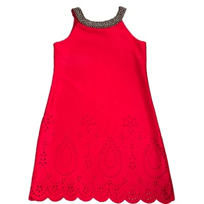 Vestido de vacaciones festoneado corte láser escote cuentas sin palabras rojo niñas talla 10 Foto 1 de 4