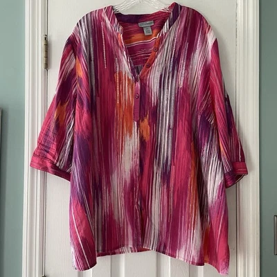 Camisa Top Liz & Me Catherines Para Mujer Talla Grande 3X Rosa Vibrante Lentejuelas Abotonada Foto 1 de 4