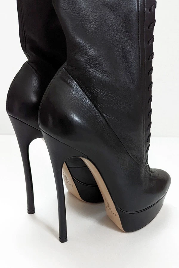 卡萨迪黑色皮革高跟鞋厚底细高跟短靴意大利制造 7 — 第 1/4 张图片