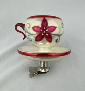 VTG Blown Glass Tea Cup Christmas Tree Clip On Ornament Poinsettia Cup Saucer - Picture 1 of 8