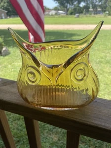 Hand blown Amber 3-D glass oval owl planter-Candy bowl shelf decor Vase ADORABLE - Picture 1 of 13