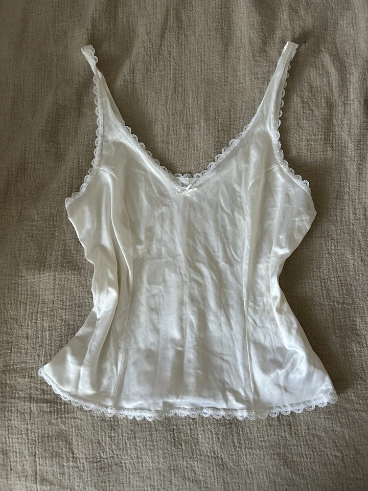 Camiseta sin mangas cami vintage años 90 blanca con ribete de encaje nailon para mujer talla 34 coqueta etérea Foto 1 de 4