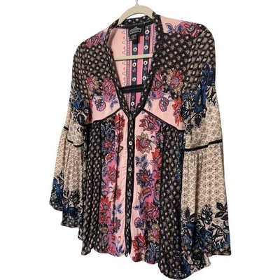 Angie Bohemian Floral Print Bell Sleeve V Neck Button Up Blouse Size Small - Image 1 of 4