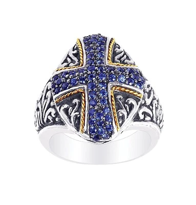 Phillip Gavriel 18k Gold Silver Oxidized Blue Sapphire Cross Oval Cocktail Ring - Image 1 of 2