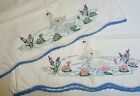 2 VTG Embroidered Pillow Cases Swans Water Lily Flowers Crochet Scalloped Edge