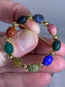 Scarab Wreath Multi Color Gemstones Agate Lapis Vintage Gold Brooch Pin M-3253 - Picture 1 of 3