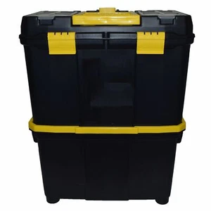 Caja de herramientas doble de plástico caja de herramientas almacenamiento tirón a lo largo mango carro 9 compartimentos - Imagen 1 de 9