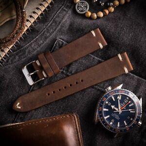 20mm Vintage style Dark Chocolate Brown Leather Strap for Watches, Two Stitches