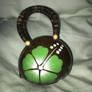 Hawaii Real Coconut Shell Mini Purse Hand Bag Painted Green Hibiscus Flower 4” - Picture 1 of 4