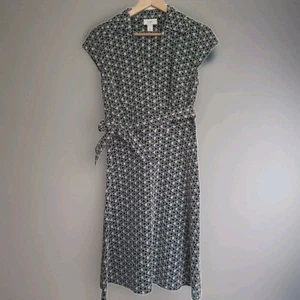 Anne Taylor schwarz & weiß Print Faux Wickel Tie Kleid 8 edel adrette Kappe Kragen - Bild 1 von 13