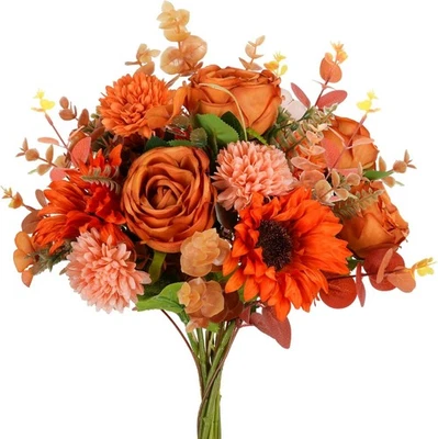 17 peças flores de outono girassóis flores artificiais rosa falsa com crisântemo... - Imagem 1 de 4