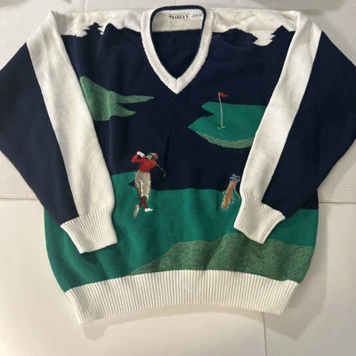 Винтажный хлопок трейдеров пуловер для гольфа свитер для гольфа мужской размер 2 X/T зеленый синий - Изображение 1 из 4