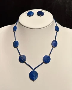 Natural Lapis Lazuli Flat Round Cut Beaded Handmade Necklace Matching Earrings - Picture 1 of 4