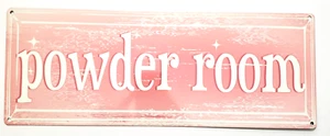 Powder Room Sign Enamel Metal Pink Ivory Bathroom Décor Retro Barbiecore - Picture 1 of 8