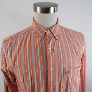 American Eagle Mens Cotton LS Button Up Orange Blue White Striped Dress Shirt M - Picture 1 of 8