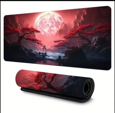 Japanese Theme Mouse Pad Large Desk Mat Anime Gaming PC Red Moon Landscape Asia - Image 1 of 4
