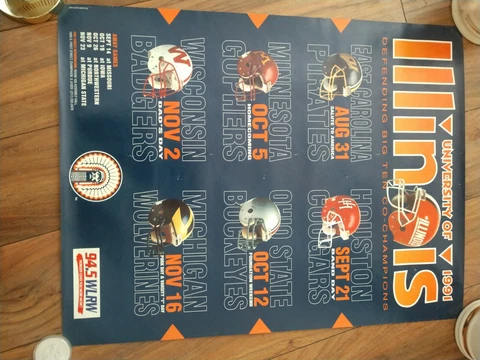 Vintage Illini Football Calendar Original Poster 1991 Illinois Helmets Chief Cover