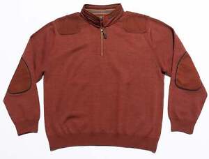 Orvis Merino Wool Sweater Men XL Pullover 1/4 Zip Orange/Red Elbow Shoulder Pads