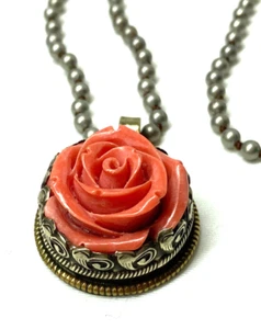Tibetan Silver Beaded Coral Composite Rose Pendant Necklace 20"  Lobster Clasp - Picture 1 of 10