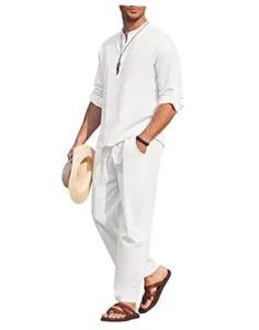 Men's 2 Pieces Cotton Linen Set Long Sleeve Henley Shirts Large 01-white - Picture 1 of 7