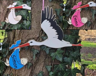 HANDGEFERTIGT Storch zur Geburt Geschenk mit Namen personalisiert Klapperstorch 50cm breit