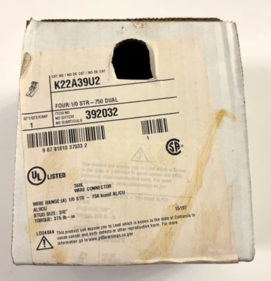 NEW Burndy K22A39U-2 Mechanical Connector Lug, Four: 1/10 STR-750 Dual - Image 1 of 2