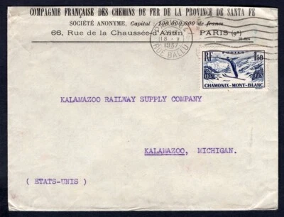 FRANCE 1937 Cover to USA. Paris Rue Ballu. FIS Ski Jumper. Santa Fe Railroad Co - Image 1 of 2