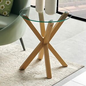 Spider Round Glass Side Lamp Table with Oak Effect Legs - Small Coffee AY21-OAK