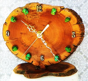 Burlwood Desk Clock with Turquoise Stones 6.5" x 7.5" x 3" Rustic Log Cabin Styl - Picture 1 of 4