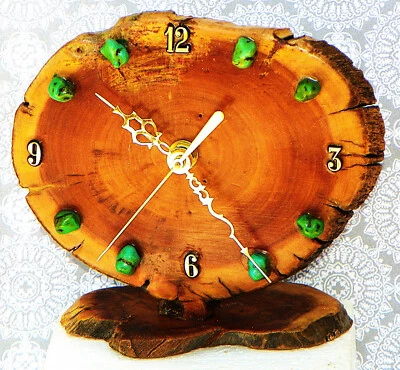 Burlwood Desk Clock with Turquoise Stones 6.5" x 7.5" x 3" Rustic Log Cabin Styl - Image 1 of 4