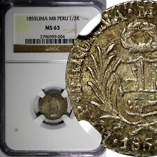 Peru Silver 1855 LIMA MB 1/2 Real NGC MS63 Nice Light Toned KM# 144.7 (004)