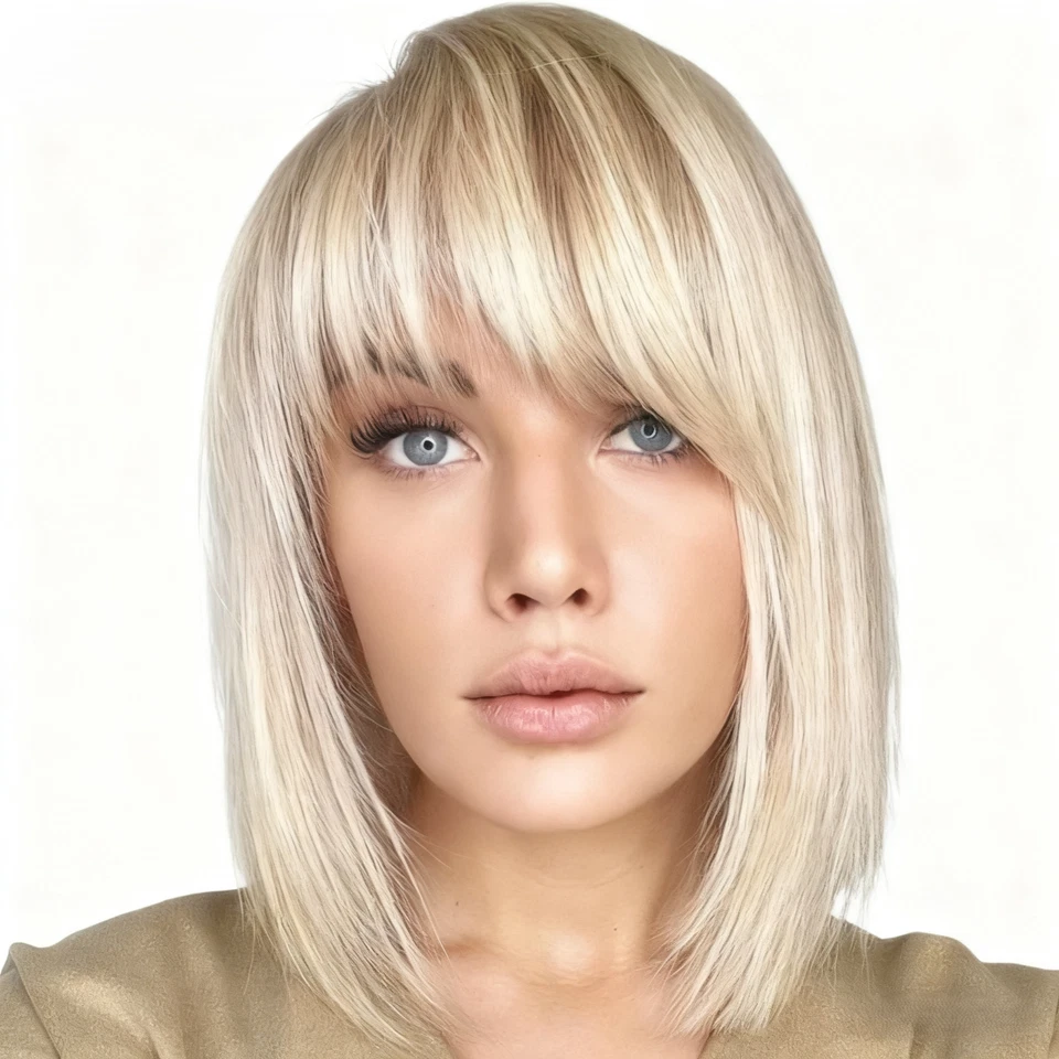 Pelucas rubias naturales cortas rectas rubias ceniza peluca bob con flequillo para mujer diario Foto 1 de 4