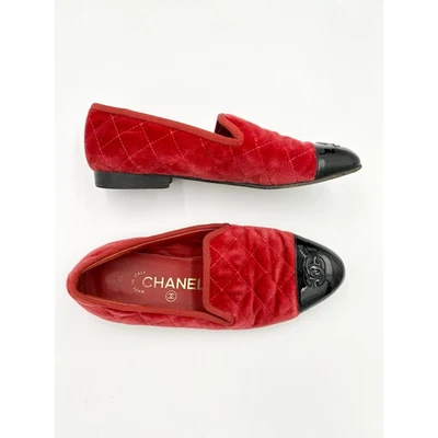 Chanel Flats 36 UK3 US6 Red Velvet Quilted Black Patent Leather Smoking Slipper - Image 1 of 4