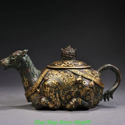 8.2" Old Chinese Han Dynasty Bronze Ware Gold Horse Head Wine Tea Pot Flagon - Image 1 of 4